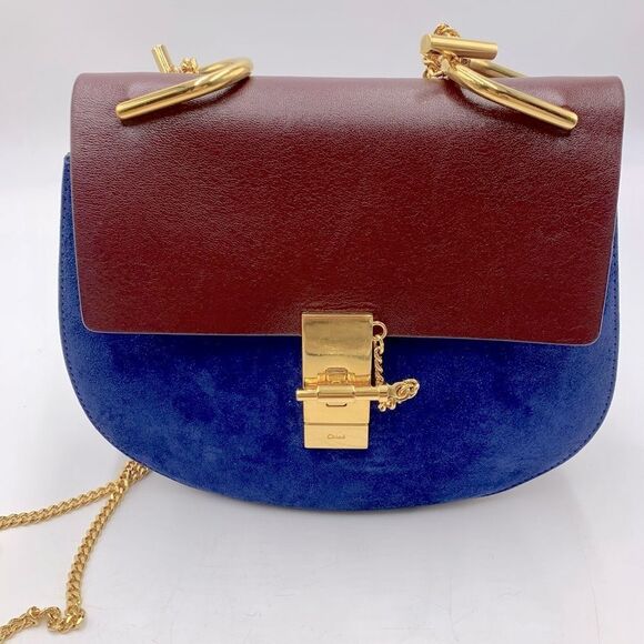 Auth Chloe Drew Mini Two Tone Leather Suede Navy Bordeaux Shoulder Bag - Picture 5 of 15